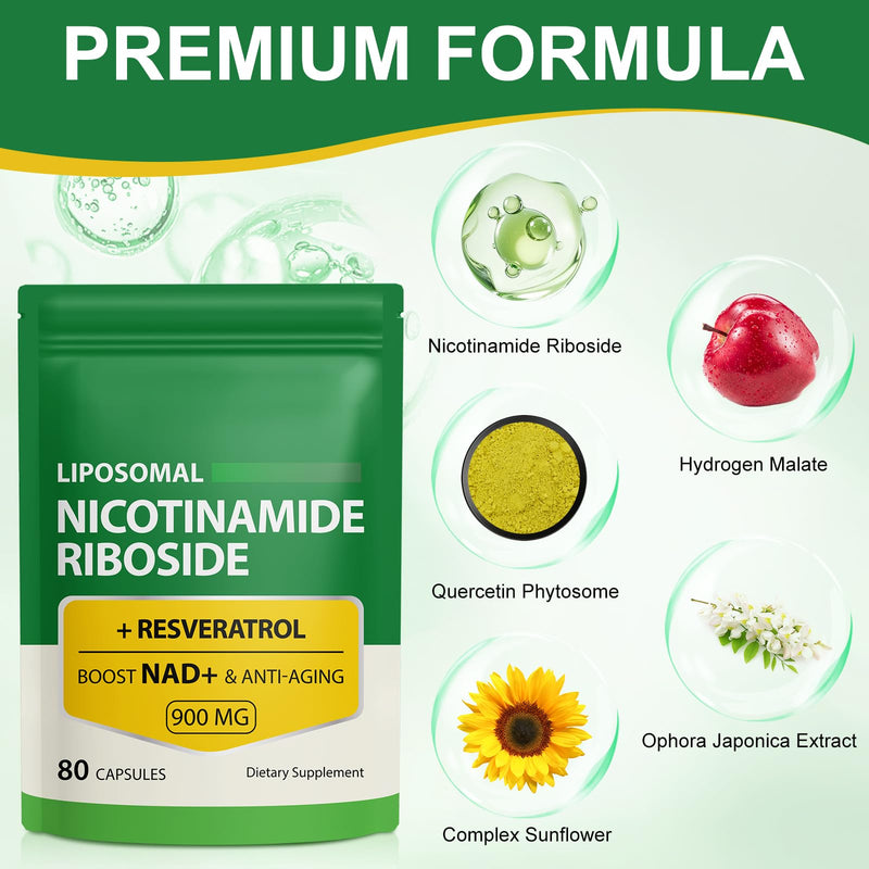 NAD Supplement NAD Nicotinamide Riboside 900mg Boost NAD+ Support Cellular Energy & Anti-Aging Vegan Safe, Non-GMO-80 Capsules 80 Capsules