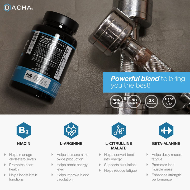 [Australia] - DACHA Premium L Arginine Pills 1920 MG - 120 VCAPS AAKG Nitric Oxide Precursor, L-Citrulline HCL, Beta Alanine, Essential Amino Acids for Energy, Muscle Growth, Heart Health, Vascularity & Stamina 