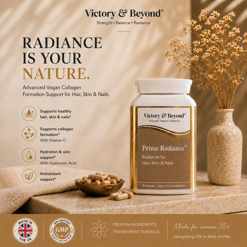 Victory & Beyond Prime Radiance – Hair Skin & Nails Supplement for Women – Vegan Collagen Formation Complex with Biotin, Hyaluronic Acid, Zinc & Vitamin C – 90 Capsules Made in the UK
