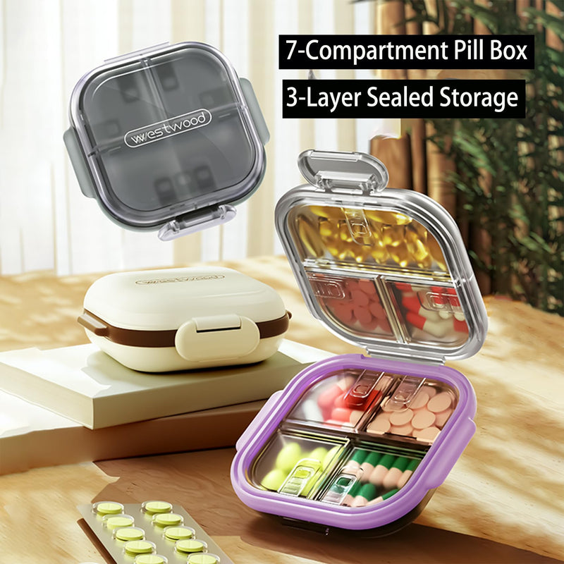 Travel Pill Organizer, Portable Pill Case - Pre-Labeled 7 Compartments | 7 Organized Slot(6 Small + 1 Large) for Daily Pills, Secure Double-lock, Pocket Purse Organizer for Vitamins Medicine, Purple