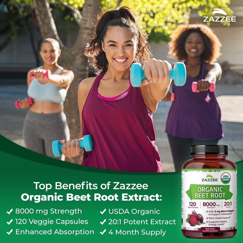 [Australia] - Zazzee USDA Organic Beet Root 8000 mg Strength 20:1 Extract, 120 Vegan Quick Release Capsules, Black Pepper Extract for Enhanced Absorption, Supports Nitric Oxide Production, Non-GMO, Made in The USA 120 Count (Pack of 1) 