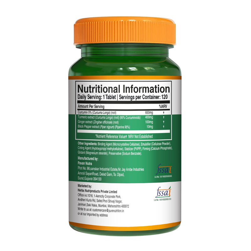 Pure Nutrition Curcumin Turmeric with 95% Curcuminoids | 120 Veg Tabs | Curcumin Supplement with Piperine.