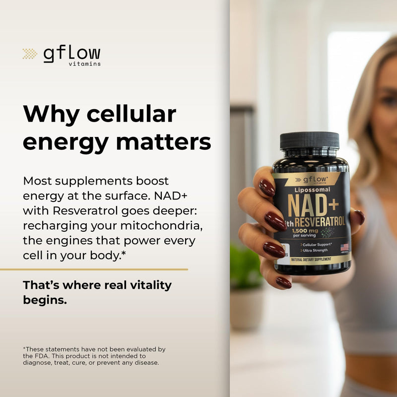gflow vitamins NAD+ Supplement (Nicotinamide Adenine Dinucleotide) with Resveratrol as 98% Pure Trans-resveratrol | Antioxidant Anti-Aging Supplement Made in the USA
