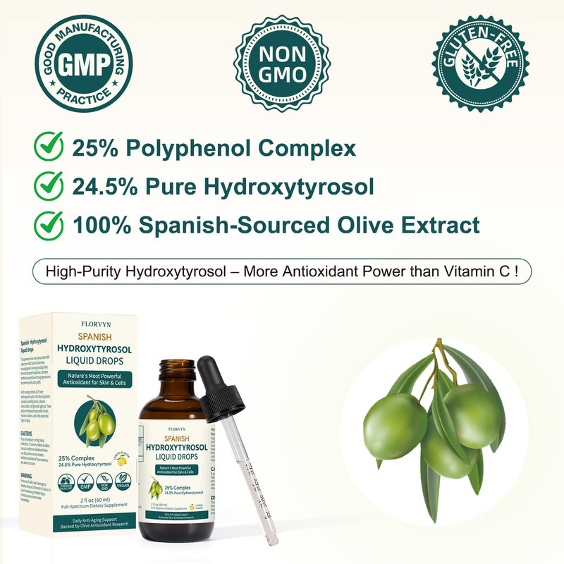 [Australia] - Hydroxytyrosol Liquid Drop, 100% Spanish Sourced Olive Fruit Extract, Super Antioxidant for Skin, Aging, Inflammation, No Sugar, Alcohol, Olive Leaf Extract Alt., New & Old Packaging Randomly Sent 