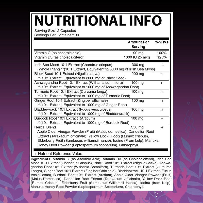 Vitamatic Sea Moss with Black Seed Oil, Ashwagandha, Turmeric, Bladderwrack & Burdock - 180 Vegan Capsules