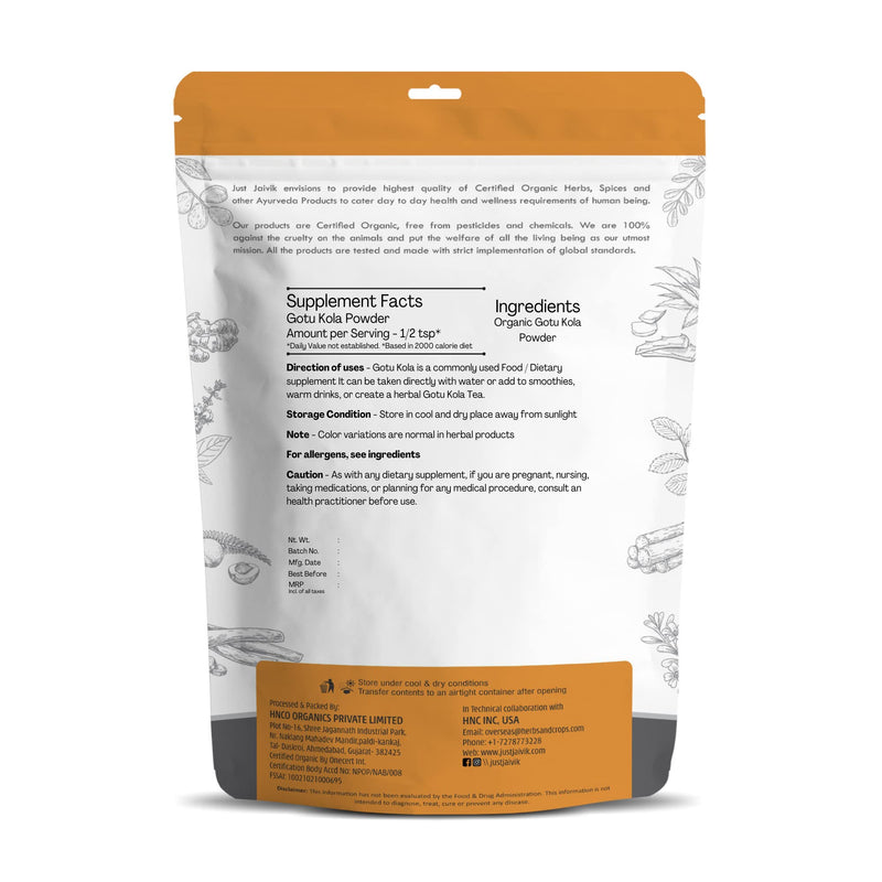 [Australia] - Just Jaivik 100% Organic Gotu Kola Powder, 1/2 Pound - 227g - USDA Organic - Centella Asiatica - Also Known as Mandupakarni Powder and Brahmi Powder) 