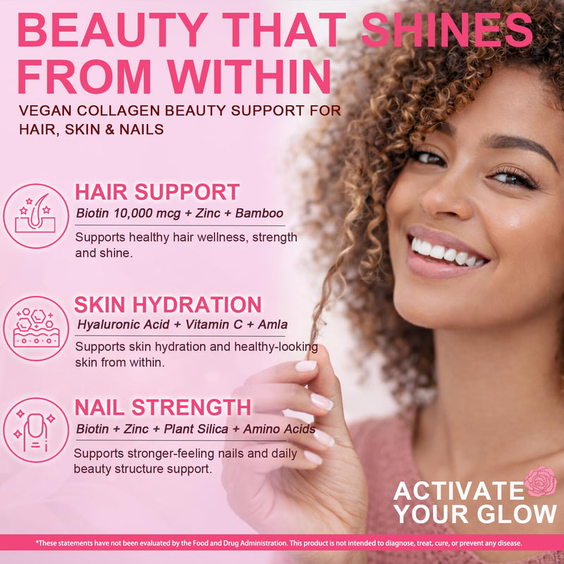 Vegan Collagen Booster with Biotin 10,000 mcg, Hyaluronic Acid, Bamboo Silica, Vitamin C & Zinc, Plant Based Hair Skin & Nails Support for Women & Men, 90 Vegan Capsules Fruit 90 Count (Pack of 1)