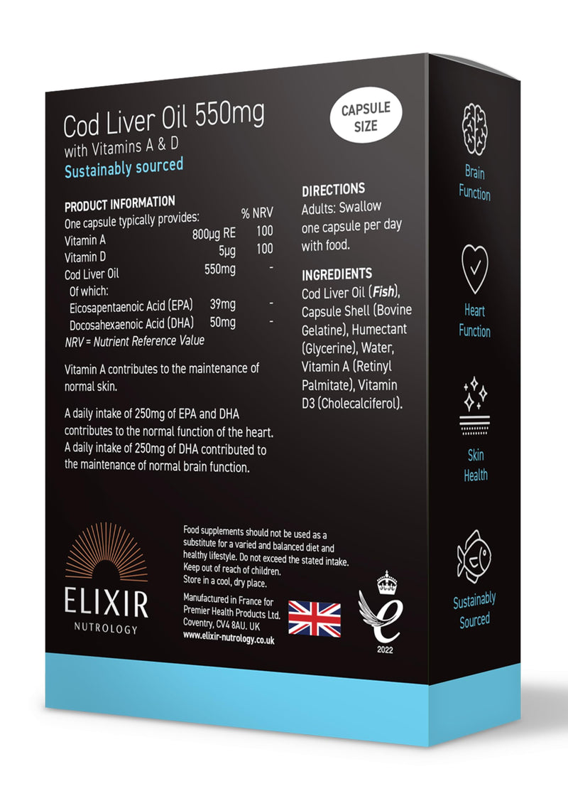Cod Liver Oil 550mg Capsules | Omega 3 EPA & DHA with Vitamins A & D | Supports Normal Heart, Brain & Vision Function | Daily Immune & Bone Health Support | 30 Softgel Capsules | UK Made