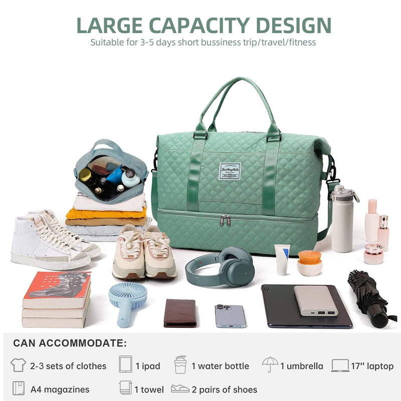 Weekender Bags for Women Travel Duffle Bag with Shoe Compartment Overnight Carry On Duffel Bag Gym Tote Bag with Toiletry Bag Light Green