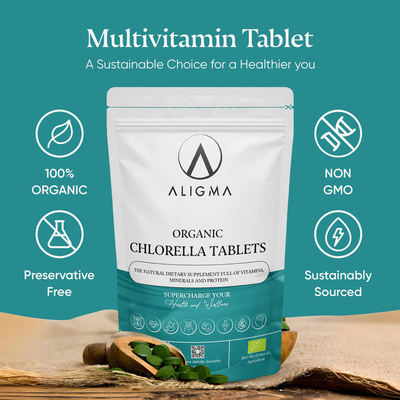 Aligma Organic Chlorella Tablets 500×500 mg for Immune System Booster, Super Greens Tablets, Natural Source of Vegan Protein, Minerals & Vitamins | Resealable Package