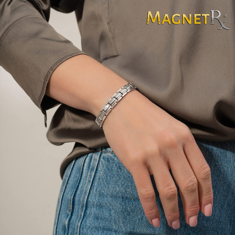[Australia] - MagnetRX® Women's Ultra Strength Magnetic Bracelet - Effective Titanium Magnetic Bracelets for Women - Adjustable Bracelet Length with Sizing Tool for Perfect Fit (Silver) Silver 