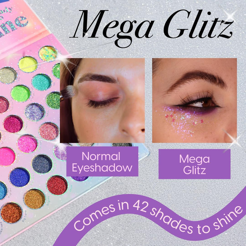 [Australia] - Kara Beauty Mega Glitz Pressed Glitter Palette - 42 Glitter Eyeshadow Shades for Face & Eye Makeup, Fine and Chunky Textures, Makeup Palette, No Glue Needed, Sparkly Makeup Kit for Girls & Kids 