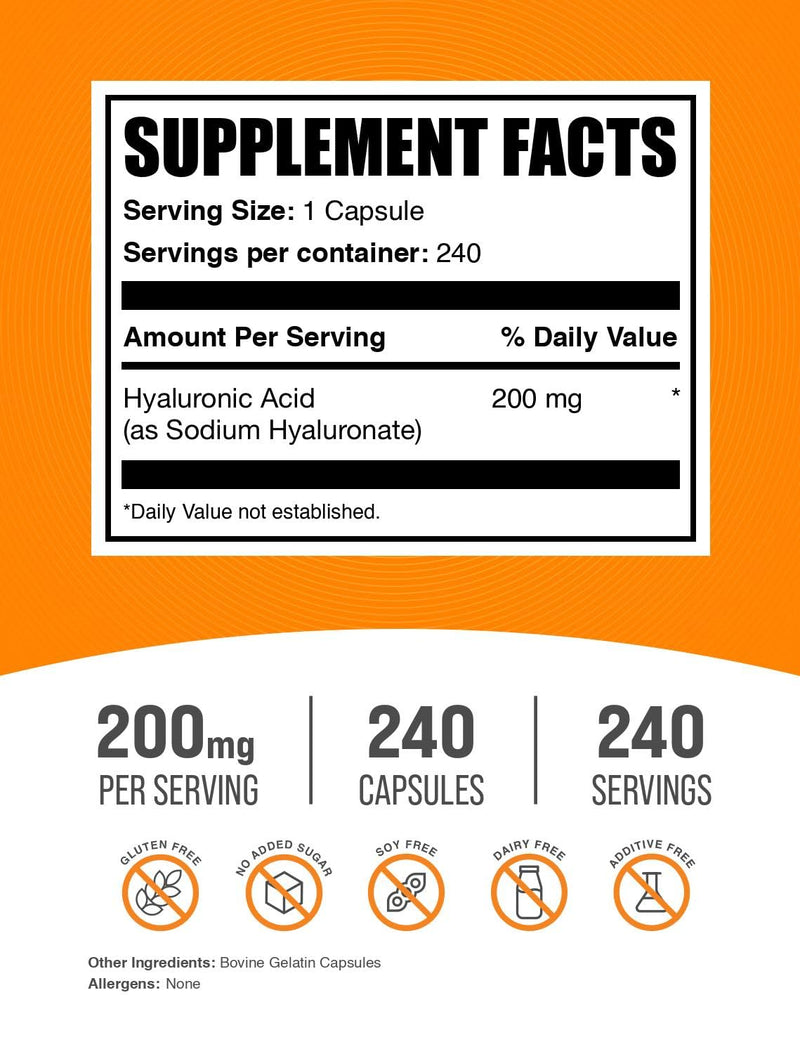 [Australia] - BulkSupplements.com Hyaluronic Acid Capsules - Hyaluronic Acid Supplements, Hyaluronic Acid 200mg - Pure & Gluten Free, 1 Capsule per Serving, 240 Count (Pack of 1) 