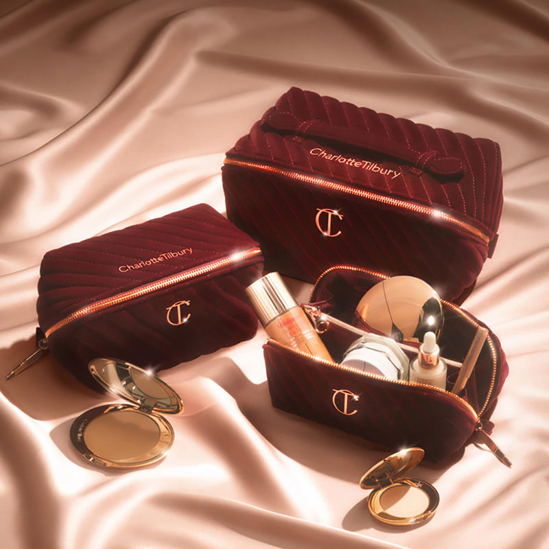 Charlotte Tilbury Travel Makeup Bag of My Dreams - Quilted Velvet Skincare, Fragrance & Cosmetic Organizer with 5 Compartments, Zip Pocket & Top Handle - Iconic Night Crimson Toiletry Bag Large