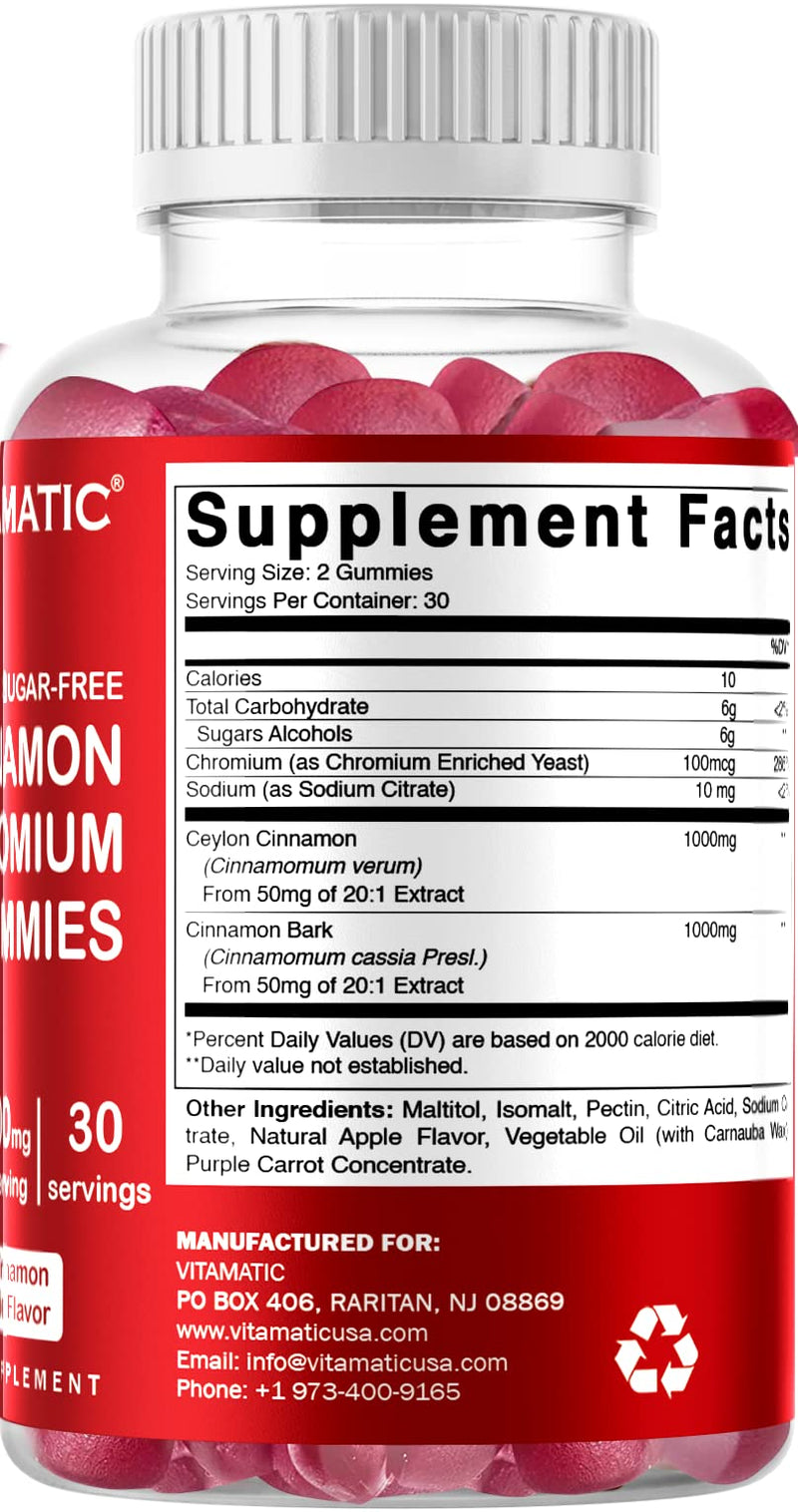 [Australia] - 2 Pack - Vitamatic Sugar Free Chromium Gummies with Ceylon Cinnamon - 2000 mg per Serving - Non-GMO - Gluten Free - 60 Vegan Gummies 