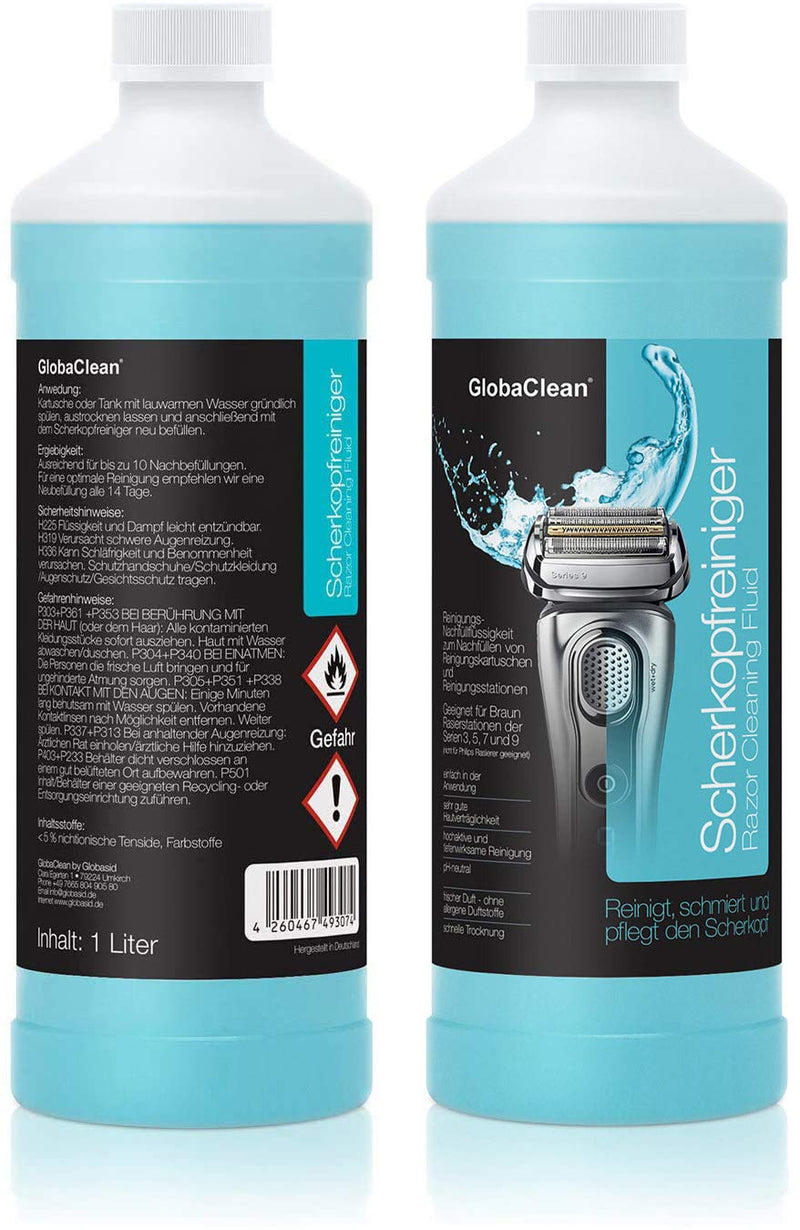 [Australia] - GlobaClean shaving head cleaner refill liquid - compatible with Braun Clean & Renew cleaning cartridges - Braun cleaning cartridges Series 9 - shaving head cleaner for Braun cleaning cartridge 2x 1L 1 l (pack of 2) 