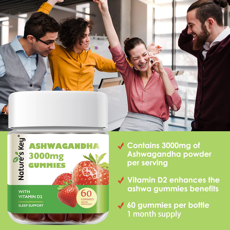 [Australia] - Nature's Key Ashwagandha Gummies, 3000mg High Potency Ashwagandha Root Extract with Vitamin D2, Stress, Calm Mood & Cognition, for Men & Women, Strawberry Flavor (60 Count (Pack of 1) 60 Count (Pack of 1) 