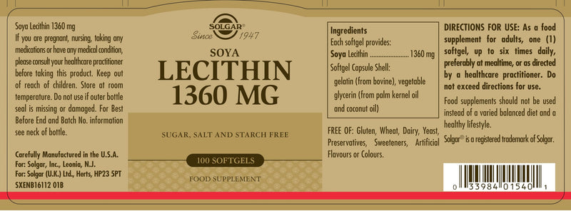 Solgar Lecithin 1360mg, 100 Softgels - Supports Overall Health - Natural SOYA Lecithin - Source of Choline & Essential Fat Linoleic Acid - Gluten Free, Dairy Free - 100 Servings 100 Count (Pack of 1) Standard Packing