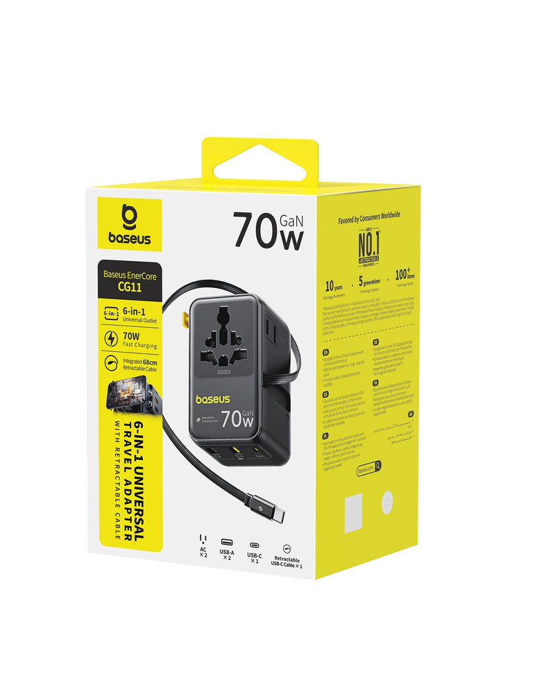 Baseus 70W Universal Travel Adapter, 6-in-1 International Plug Adapter | Worldwide Wall Charger with Retractable Cable, USB-C Fast Charging for USA/EU/UK/AUS and Over 200 Countries - Enercore CG11 Black