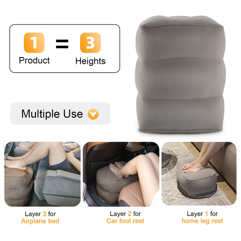 [Australia] - Inflatable Travel Foot Rest Pillow, Kids Airplane Bed, Adjustable Height Leg Pillow for Air Travel, Make a Flat Bed for Kids and Toddlers, Great for Airplane, Train, car（Grey, 1 Pack） Grey 