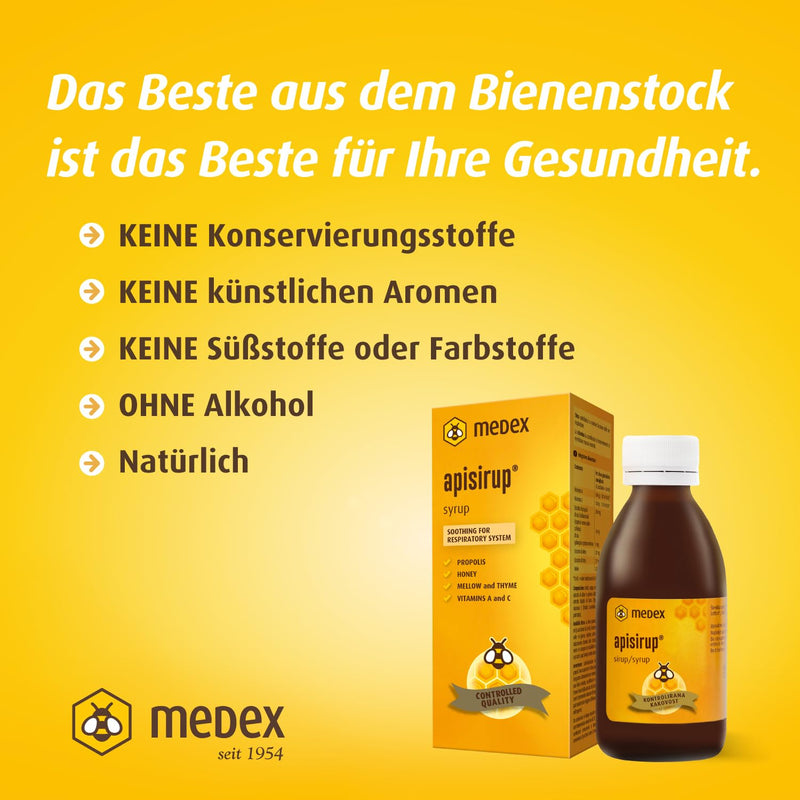 [Australia] - Medex Apisirup, juice with propolis, 91% honey based - 176 g honey, excellent taste, propolis, vitamin A, C, mallow, thyme 140 ml 