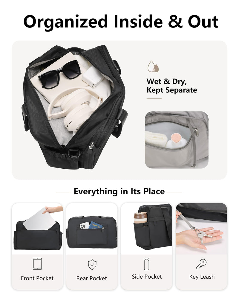 Expandable Travel Bag, Underseat Carry-On Weekender, Black | 15/20L Airline Personal Item Duffel for Women/Men with Shoe Compartment/Wet Pocket/Luggage Sleeve for Gym/Hospital/Maternity