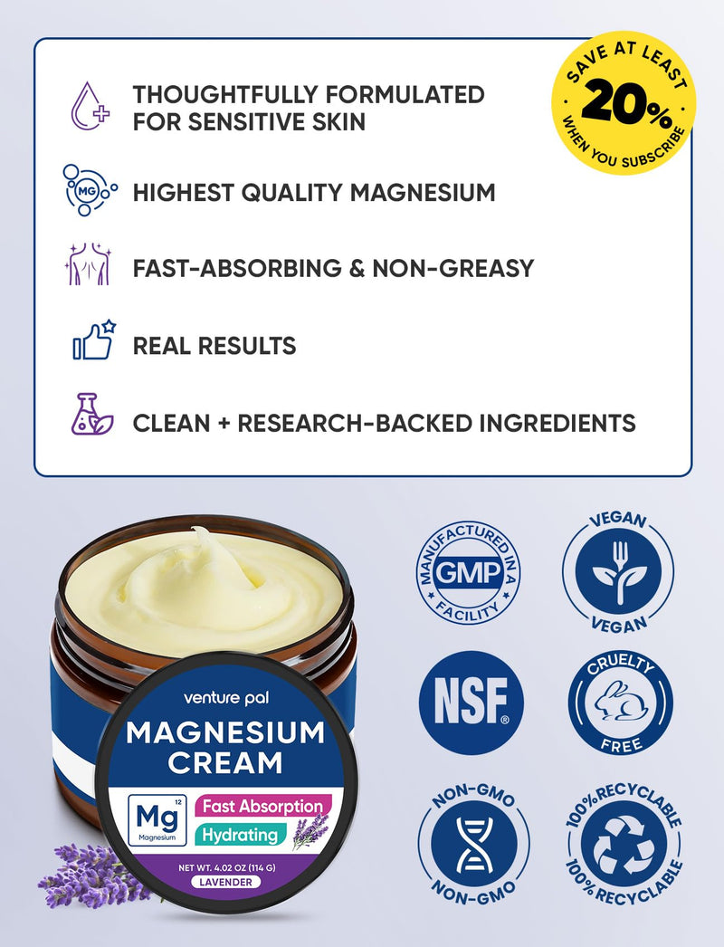 Venture Pal Topical Magnesium Cream, Highly Concentrated Magnesium Lotion | Fast-Absorbing Magnesium Moisturizing Cream with Coconut Oil, Shea Butter & Hyaluronic Acid; Suitable for Kids 4 Fl Oz (Pack of 1) V1-Lavender