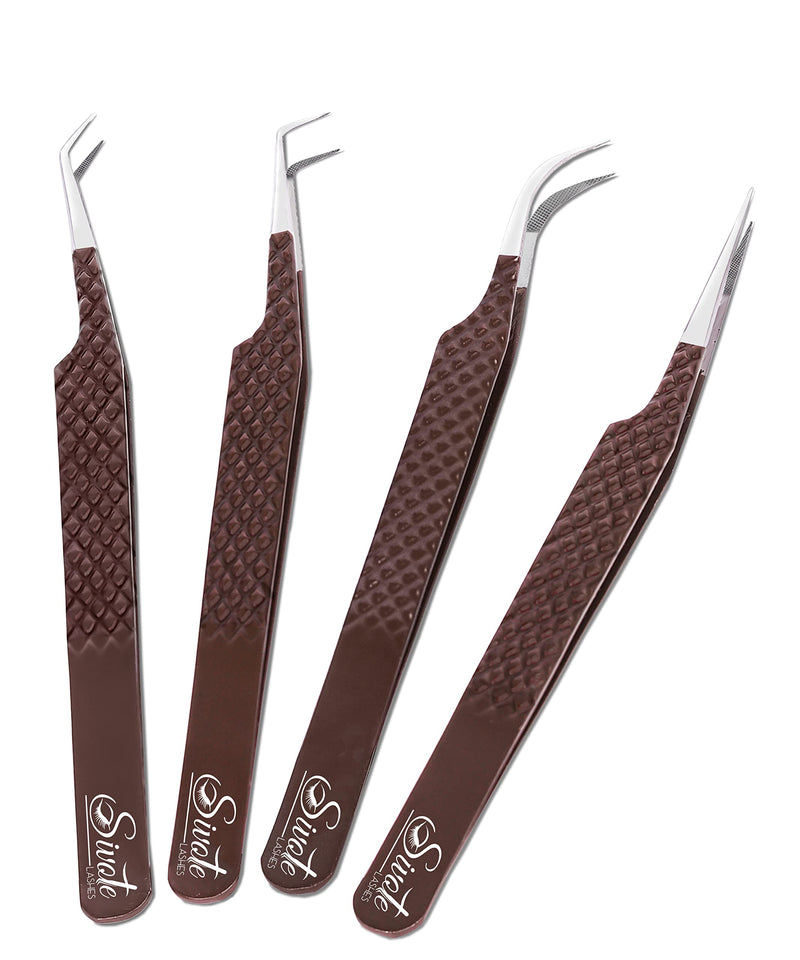 SIVOTE Lash Extension Tweezers Fiber Tips, Set of 4, Curved, Dolphin, 90 Degree & 45 Degree Tweezer, Chocolate Choco