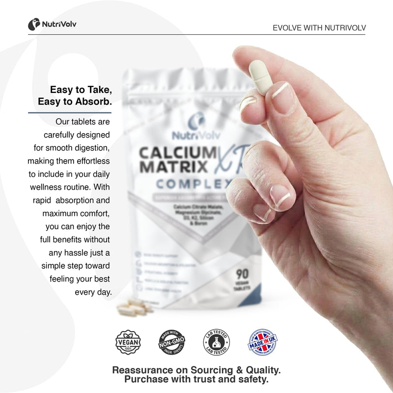 Calcium Matrix XR Complex | 90 Vegan Tablets | Calcium Citrate Malate, Magnesium Bisglycinate, K2 MK-7, D3, Boron & Silicon | Premium Bone & Muscle Support | 30 Days Supply | UK Made | by NutriVolv