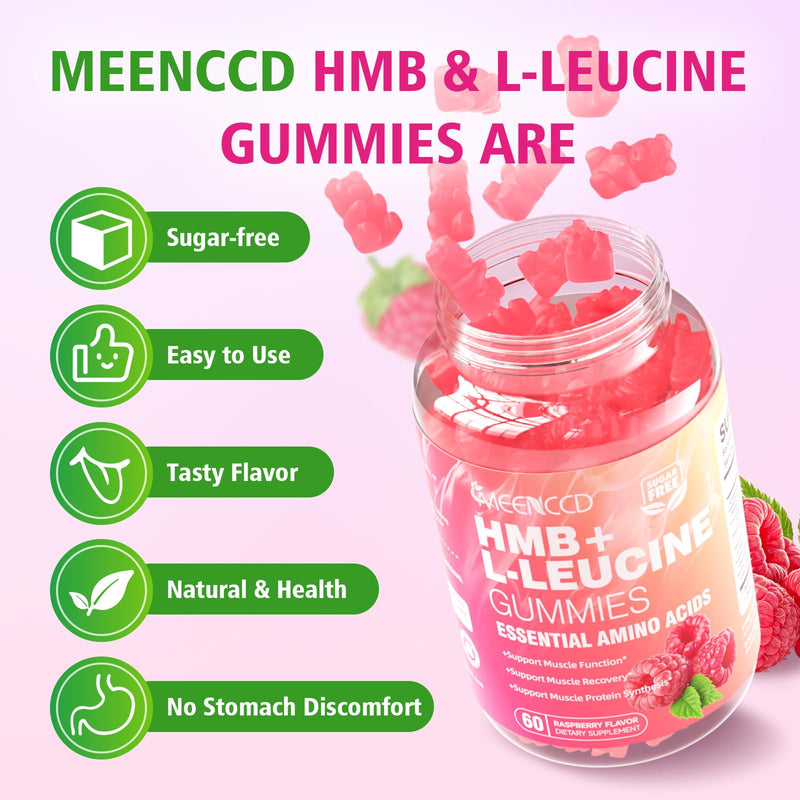 MEENCCD HMB and L-Leucine Gummies, HMB and Leucine Amino Acid for Muscle Growth, Muscle Maintenance, and Muscle Comfort, for Men & Women, Sugar-Free, Raspberry Flavor, 60 Count 60 Count (Pack of 1)