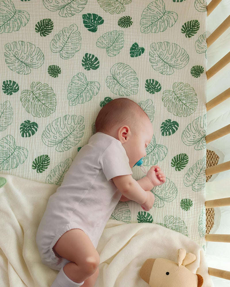 [Australia] - Muslin Crib Sheets, Cotton Neutral Crib Sheet for Baby Girls and Boys, Fitted for Standard Crib Mattress & Toddler Bed Mattress (52"x28"), Soft and Breathable, 2 Pack(Monstera&Dark Green) Monstera & Dark Green Crib Sheets 2 Pack 
