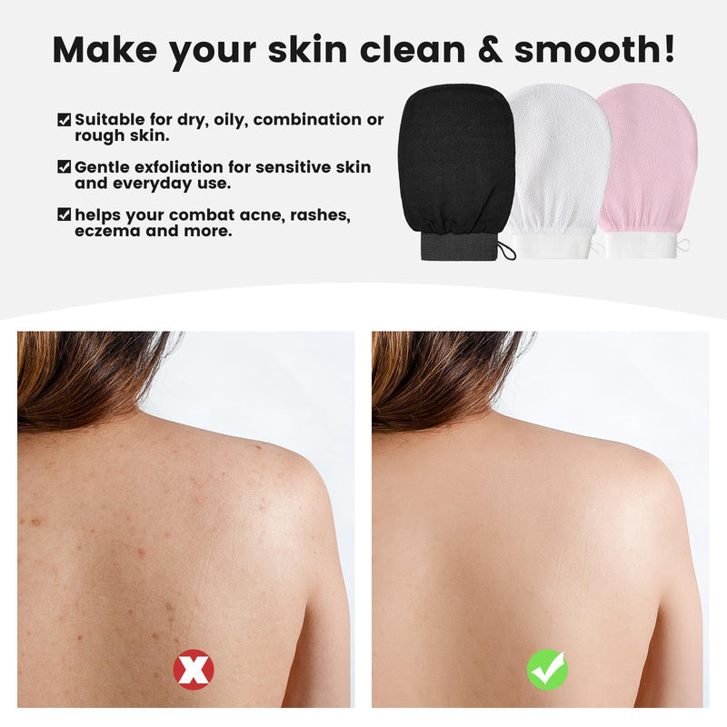[Australia] - Pack of 3 peeling gloves, exfoliating gloves, washing glove, body shower glove, massage peeling glove, gloves for body and face - black, pink, white, black, pink, white 