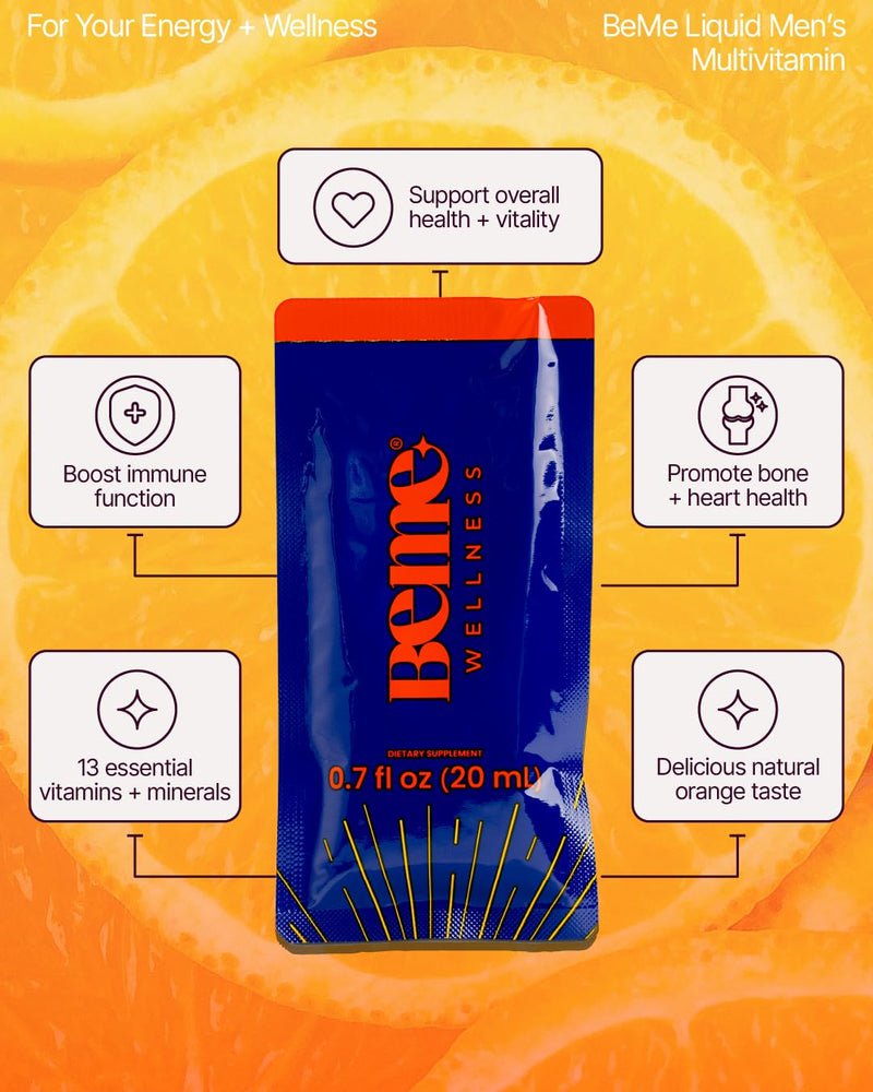 BeMe Liquid Multivitamins for Men - Advanced Liquid Delivery System with 13 Vitamins & Minerals - Tear & Go Sachets, Non-GMO, Orange Flavor (30 Sachets) Orange - Men 21 Fl Oz (Pack of 1)