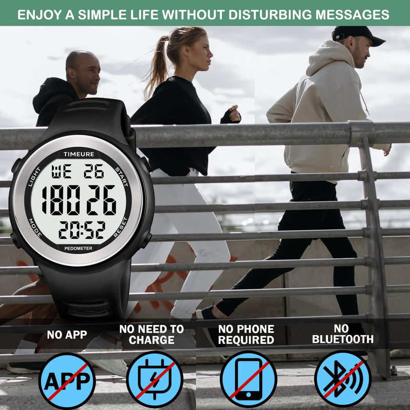 [Australia] - Mens Pedometer Watch for Walking Step Counter Watch No Charging, No App Connection, with EL Backlight. Simple, Practical Choice for Mobile-Free Fitness Enthusiasts TIMEURE-2308 black 