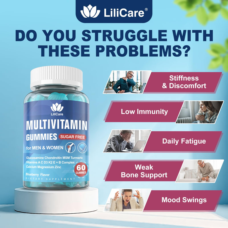 LILICARE Methylated Multivitamin Gummies for Women Men, Immune Health,120ct | Multivitamin w/ Vitamin B D3 K2 A C E, Calcium, Zinc, Elderberry, Echinacea, MSM, Support Immune, Bone & Energy, Sugar Free 60 Count (Pack of 2)