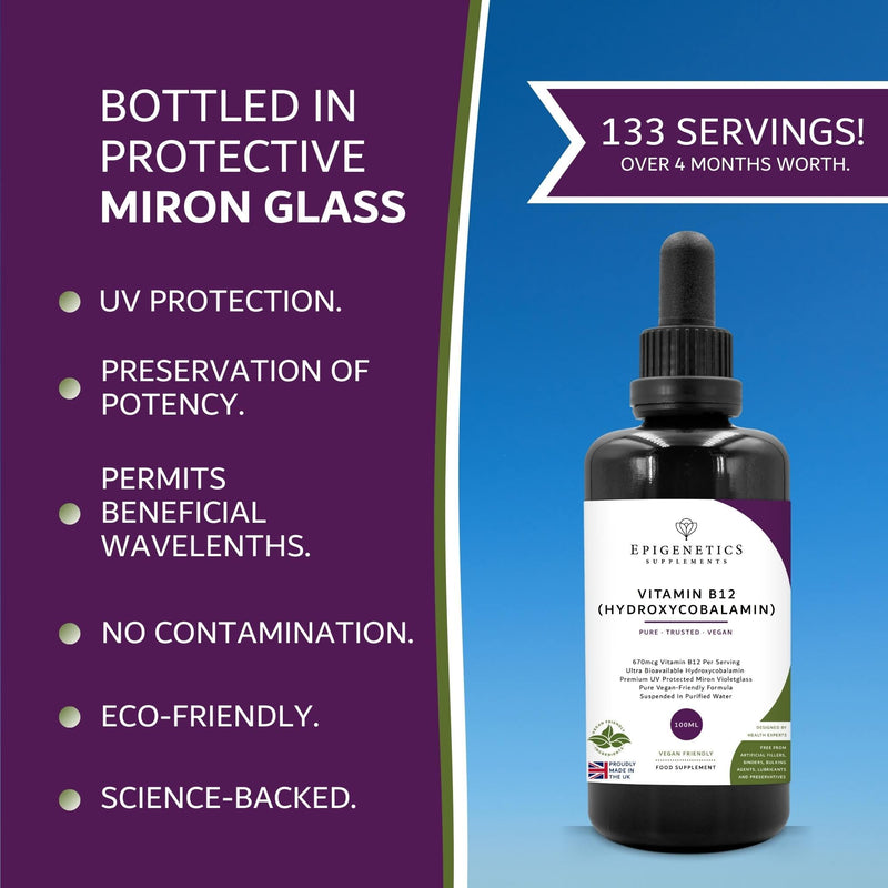 Vitamin B12 High Strength Hydroxycobalamin | 100ml Supplement Liquid Drops | 4 Months Supply, 133 Servings. Vitamins for Tiredness and Fatigue | UK Made & Vegan