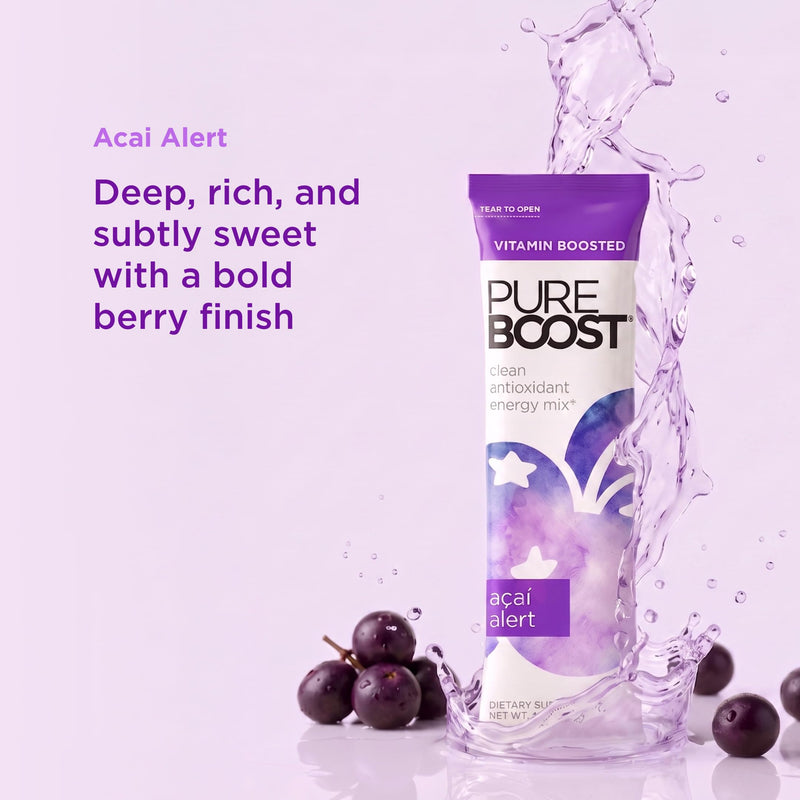 Pureboost Sugar-Free Clean Energy Booster Drink Mix, Acai Alert 10ct | B12 vitamins, low sodium electrolytes & antioxidants. 25 vitamins and minerals. No sucralose. 10 Count