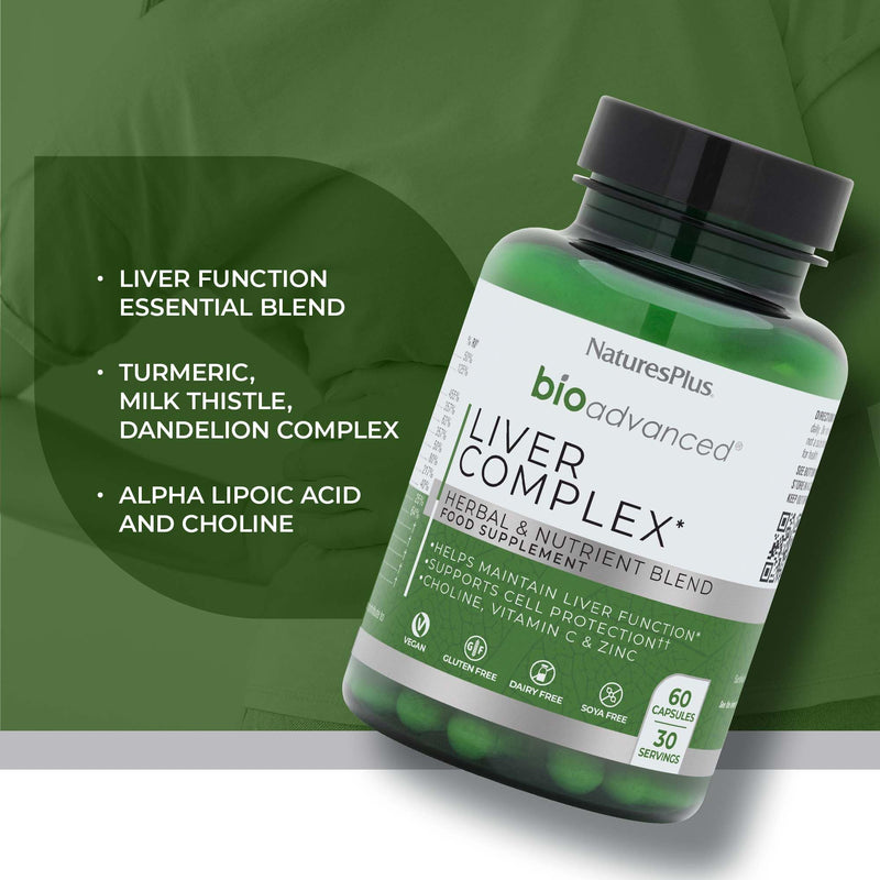 NaturesPlus Bio Advanced Liver Complex - Liver Supplement with Turmeric, Artichoke, Milk Thistle, Dandelion, Choline, Methyl B12, Folate, VIT C - Gluten, Dairy, Soy Free - Vegan, 60 Capsules