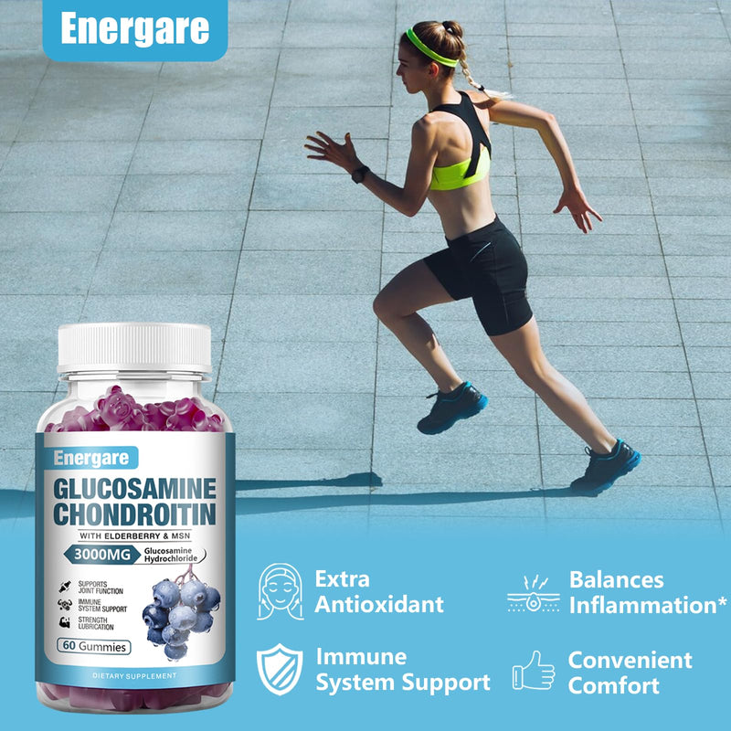 [Australia] - 2 Pack 3000mg Glucosamine Chondroitin with MSM Gummies & Elderberry, Extra Strength Joint Support Health, Flexibility, Antioxidant, Immune Supplement Gummy for Adults, Men & Women 120 Counts 60 Count (Pack of 2) 