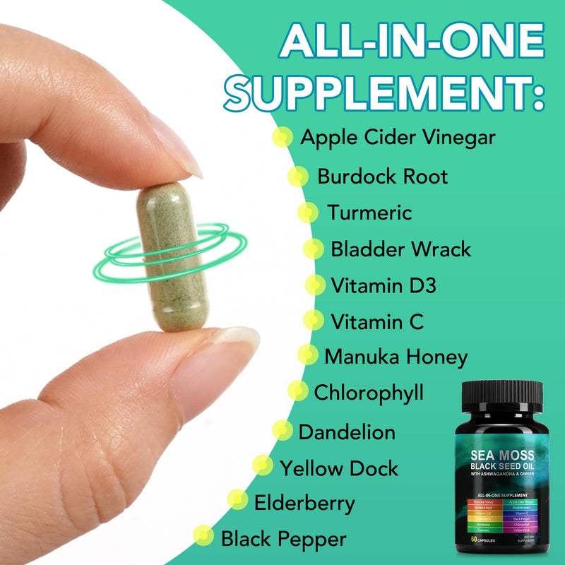 Sea Moss Black Seed Oil Capsules with Ashwagandha, Turmeric, Burdock Root, Bladderwrack, Vitamin C & Vitamin D3, Dietary Supplement, 120 Capsules