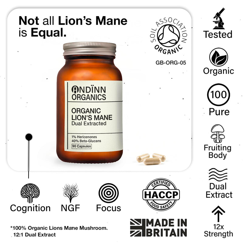 Organic Lions Mane Supplement | 12X Strength | NGF | 3 Month Supply | Dual Extract | Soil Association Certified | 1% Hericenones | 40% Beta-Glucans