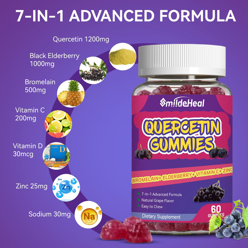 [Australia] - 2 Pack Quercetin Gummies 1200MG, Quercetin Gummies with Bromelain, Zinc Vitamin C, Immune System Vegan Gummy for Adult & Kid, 120 Vegan 60 Count (Pack of 2) 