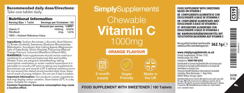 Chewable Vitamin C 1000mg with Riboflavin (Vitamin B2) | Immune & Skin Support | 180 Vegan Tablets | 6-Months Supply | Vegan & Vegetarian Friendly | UK Made