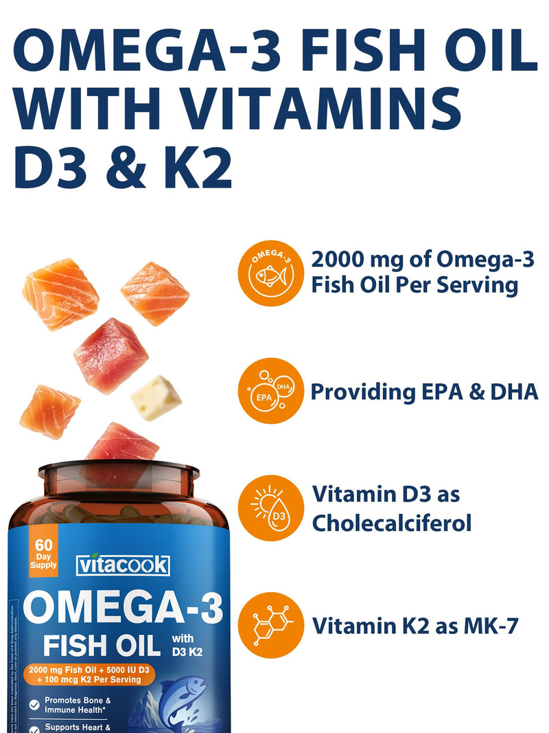 Omega 3 Fish Oil 2000mg, with Vitamins D3 & K2 (MK-7), Omega 3 Fatty Acid Supplements 1100mg, EPA, DHA, from Fresh, Wild-Caught Fish, Bone, Heart, Brain & Immune Health Support, 120 Softgels 120 Count (Pack of 1)