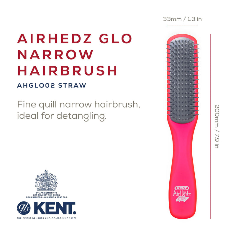 Kent AHGLO02 Airhedz Glo Red Half Round Narrow Detangling Hair Brush - 9 Row Ionic Anti Static Non Scratch Long Nylon Bristle Great for Detangling and Smoothing Medium to Long Length Hair