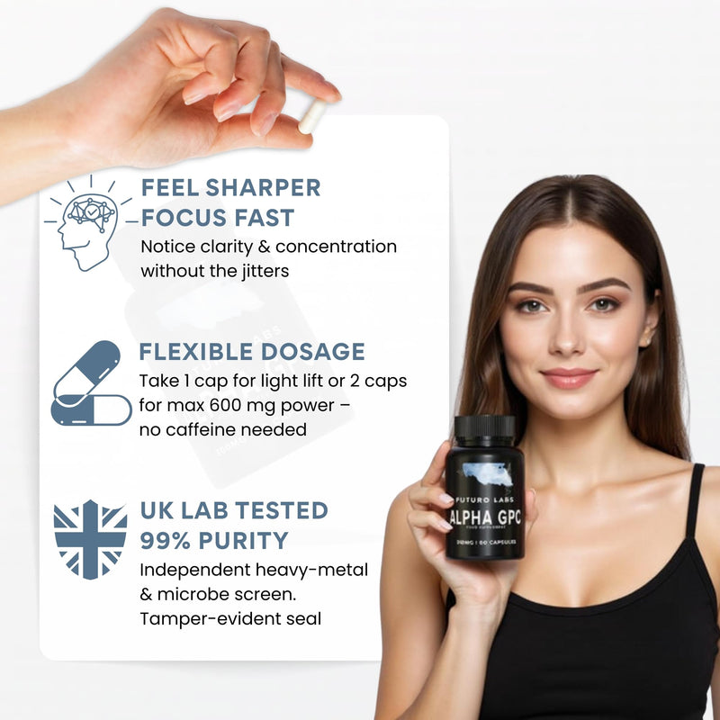 Alpha GPC Choline Supplement 600mg per Serving (High Strength) Cognitive Supplements for Memory, Mood & Motivation - Lab Tested, Non-GMO, Nootropic for Brain Made in the UK (60 300mg Capsules)