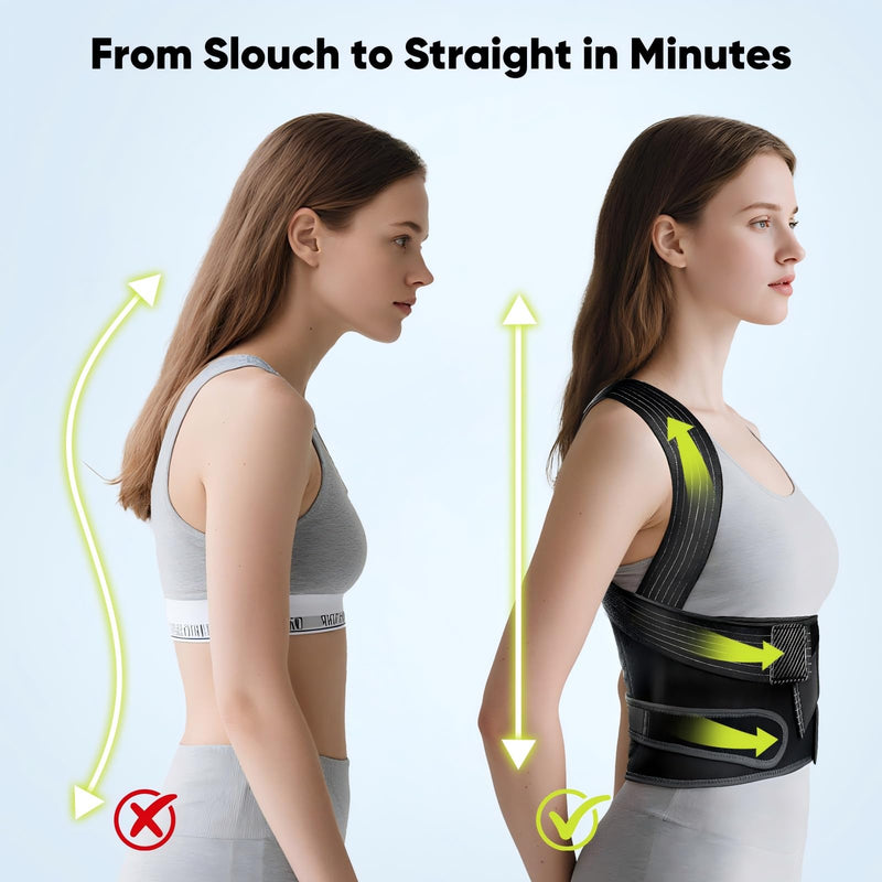[Australia] - Back Brace Posture Corrector for Women & Men - Elastic Shoulder Straps, Full Back Support, Upper/Lower Pain Relief - Scoliosis, Hunchback Medium Black & Gold 