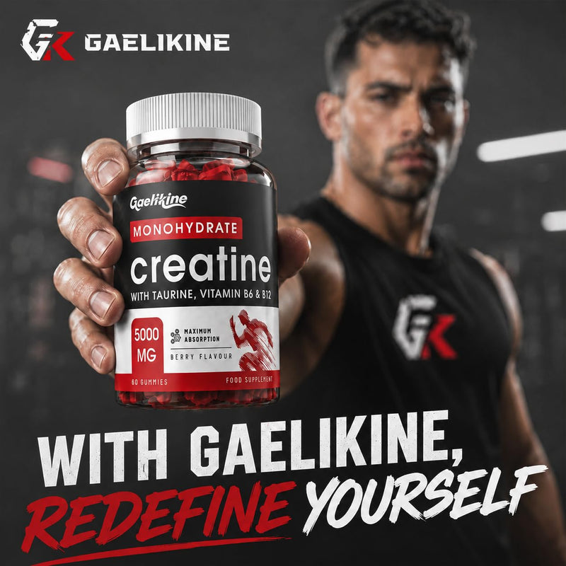 Gaelikine Creatine Monohydrate Gummies 5000mg, Max Strength with L-Taurine, B12 & B6, Creatine Gummies for Men & Women, Easy Pre Workout Muscle Growth Supplement, Berry Flavor, 60 Count (Pack of 1) 60 count (Pack of 1)