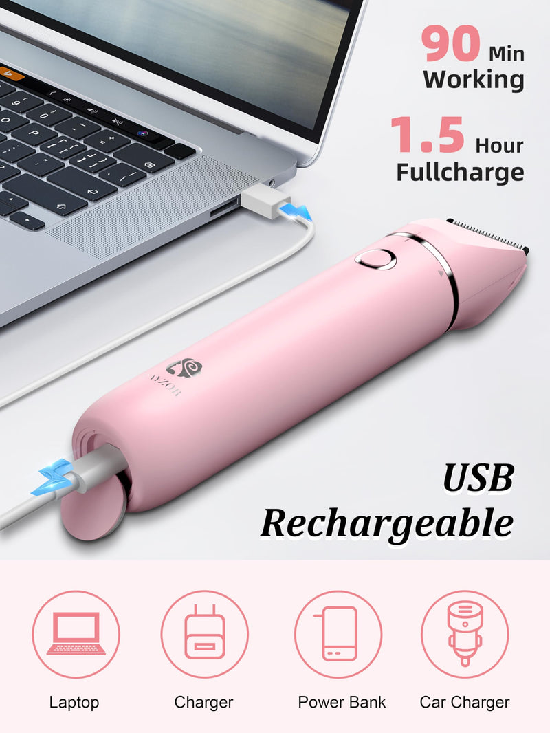 Bikini Trimmer and Shaver Kit for Women - 2-in-1 Wet/Dry Electric Body Hair Trimmer Facial Hair Removal Cordless Waterproof Bikini Shaver Razor for Face Lip Chin Pubic Underarm Legs Pink