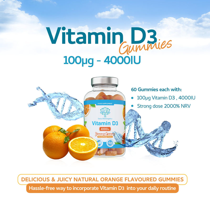Vitamin D3 Gummies 4000IU, 100µg - 60 Natural Orange Flavour Chewable Yummy Gummies - 2 Month Supply - Made in the UK